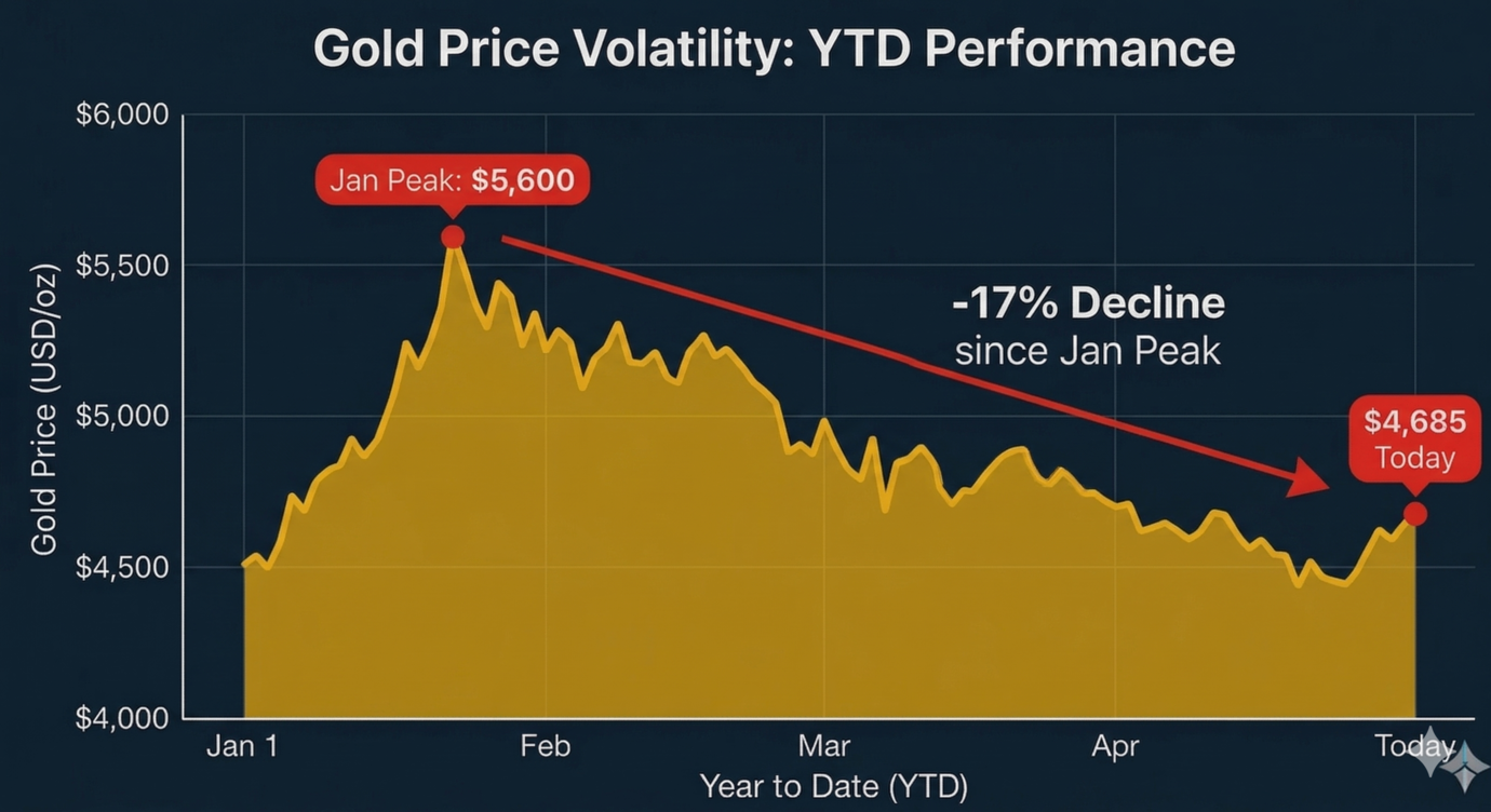 Gold price volatility during Iran war — from $5,600 high to $4,685