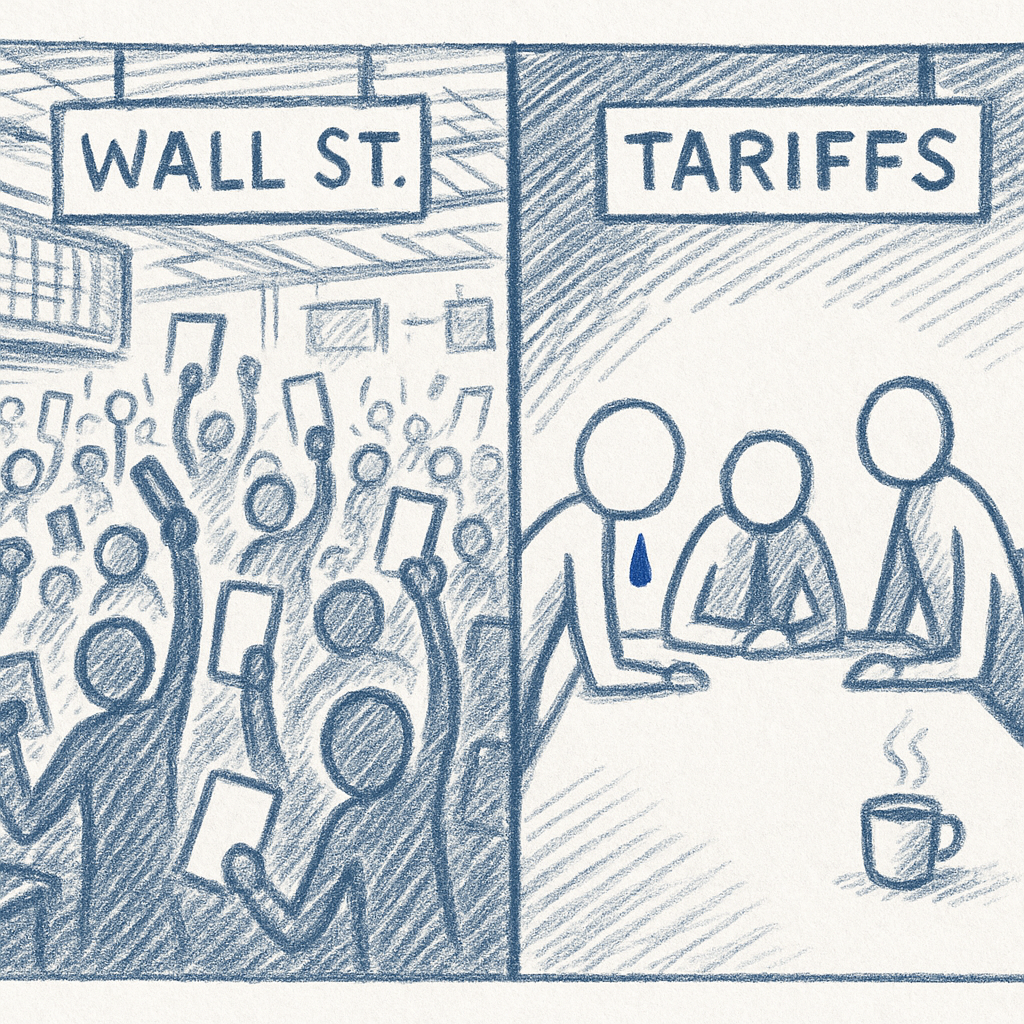 A dramatic split-image of a bustling Wall Street trading floor on one side and shadowy tariff negotiation tables on the other, evoking tension between recovery and looming trade wars
