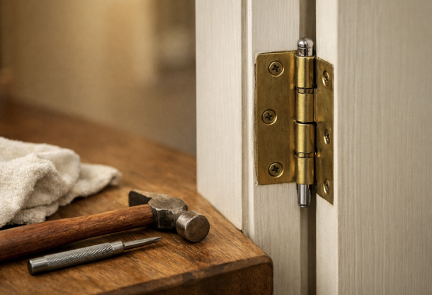 A close-up of a door hinge and hinge pin with simple tools nearby
