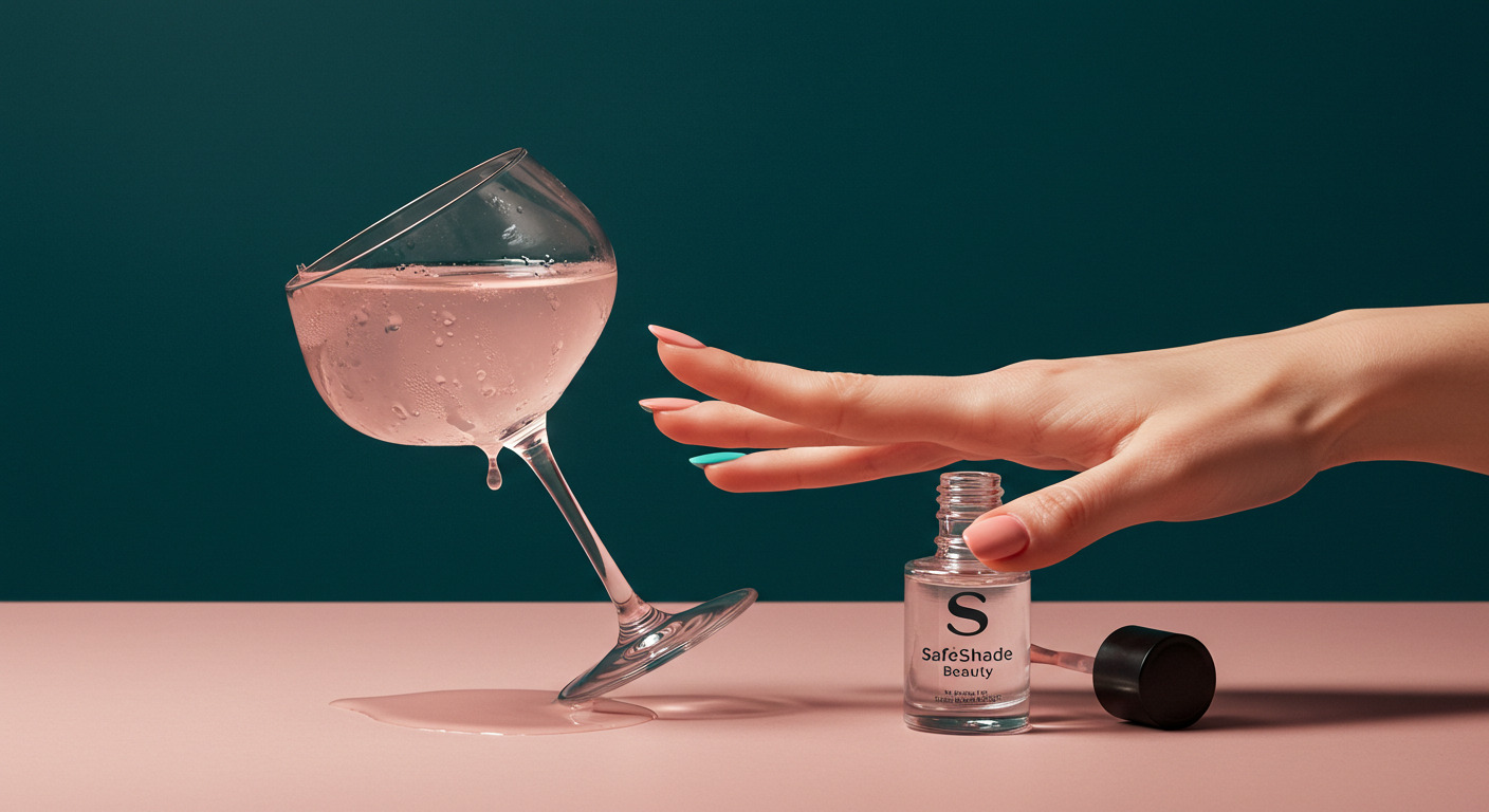 A stylish hand with polished nails near a cocktail glass, representing the SafeShade product in a lifestyle context.