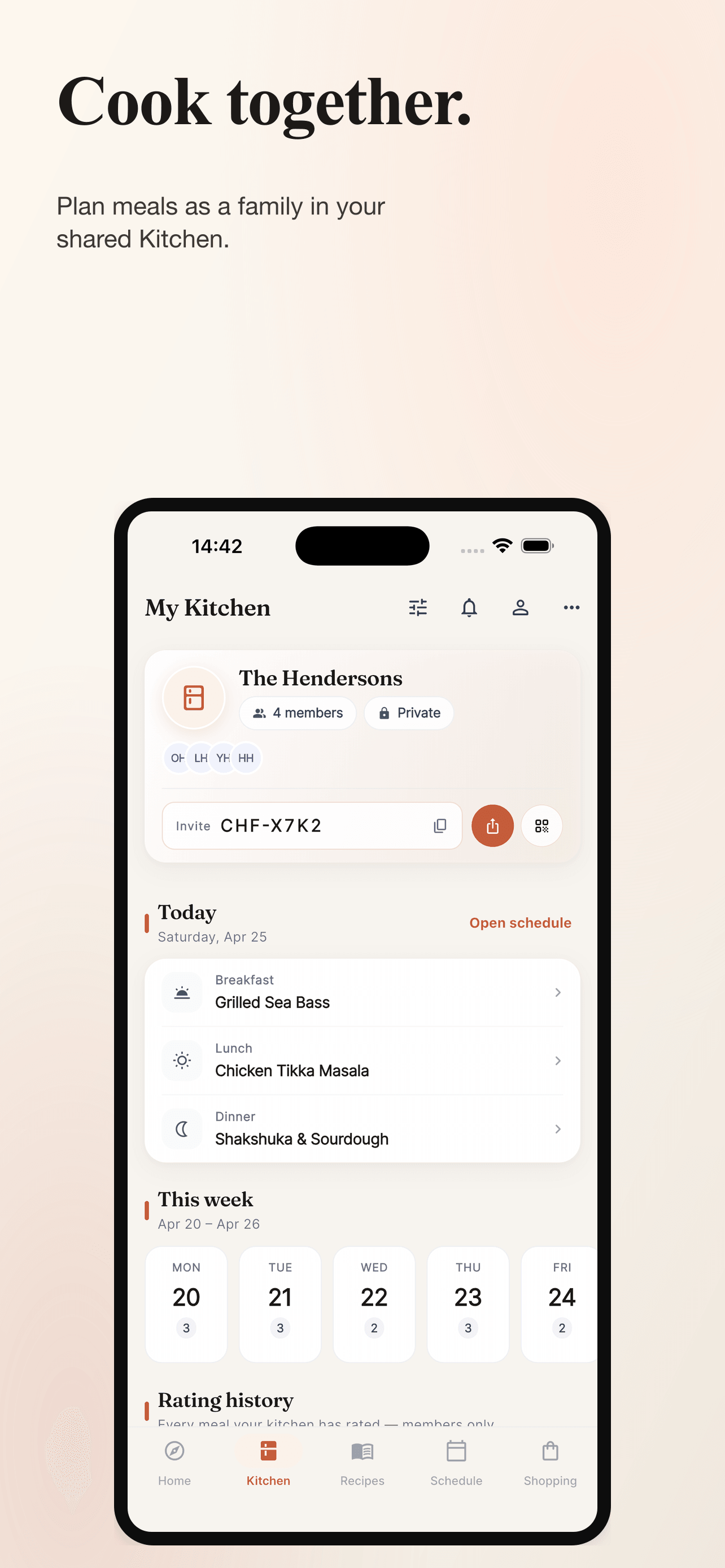 Chefless on iPhone showing a shared family Kitchen