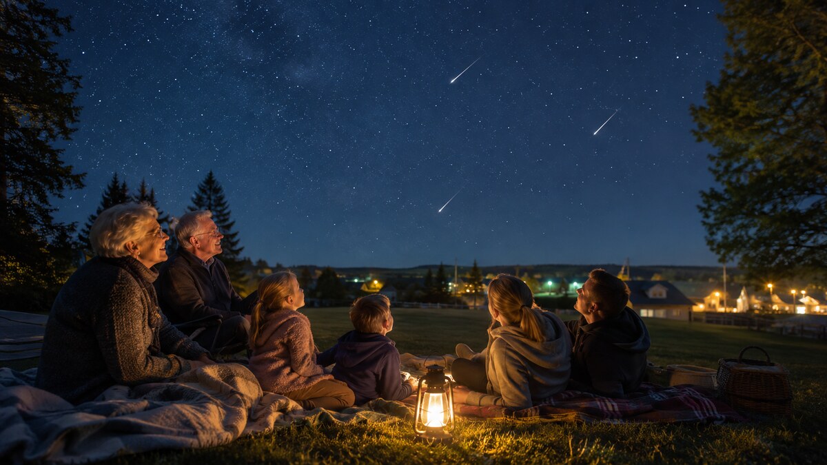 A multigenerational family gathered outdoors at night under a starry sky with visible meteors and lantern light.