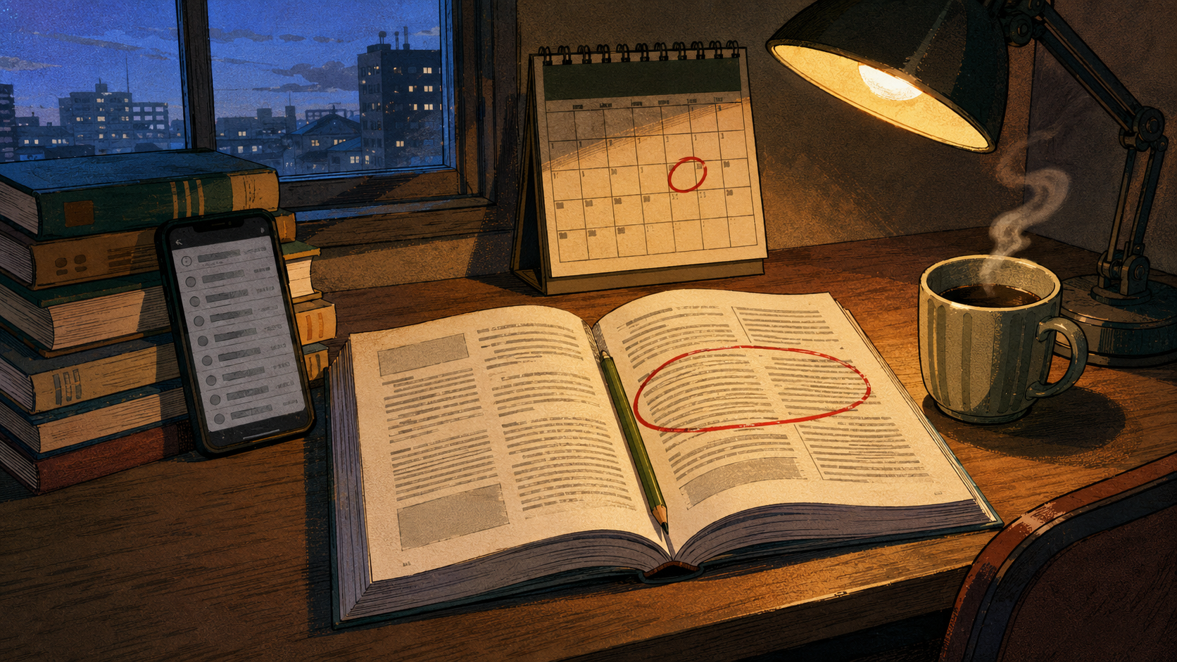 Pre-dawn study desk: open JLPT mock test booklet with a reading passage circled in red, smartphone showing greyed-out SRS reviews, a wall calendar with early July circled, coffee mug, and a single matcha green pencil. Cool blue window light meets a warm desk-lamp glow on the desk surface.