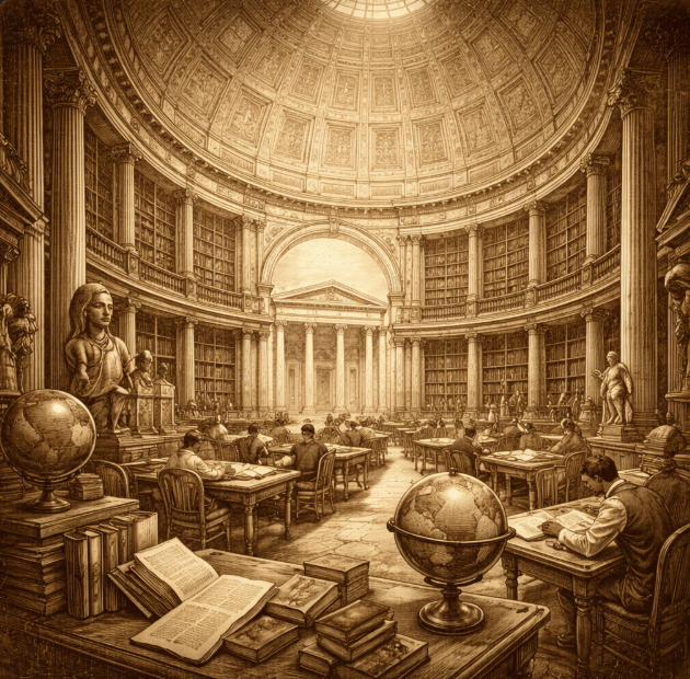 A grand 18th-century museum façade and reading-room-like interior atmosphere, no text