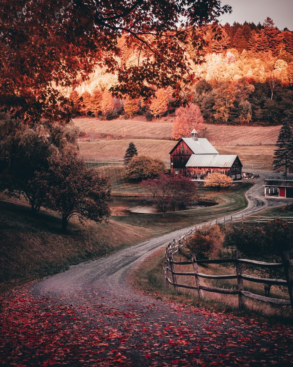 A red barn at the end of a winding gravel road through autumn trees and rolling fields