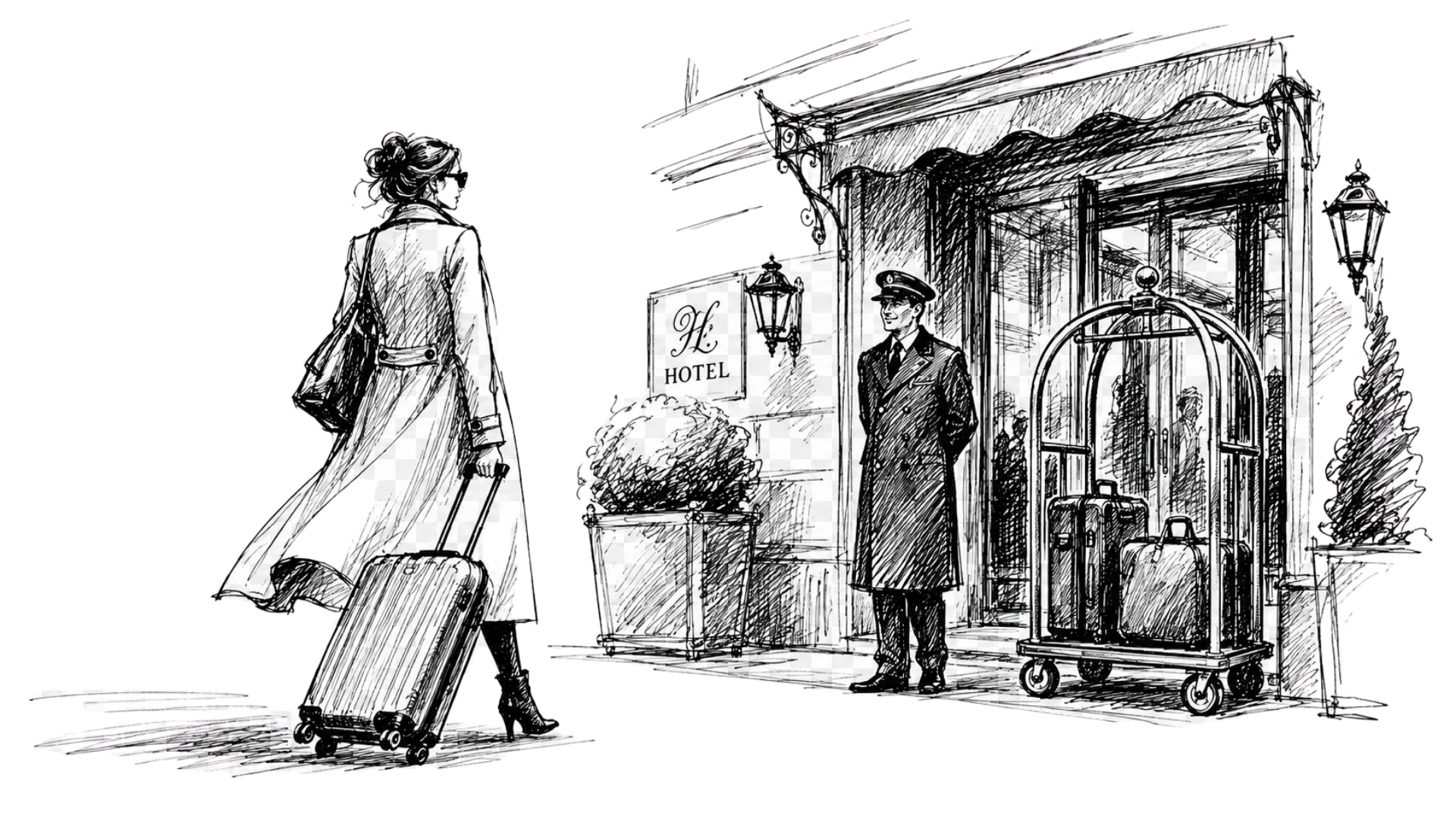 Black ink sketch of a stylish traveler arriving at a boutique hotel entrance