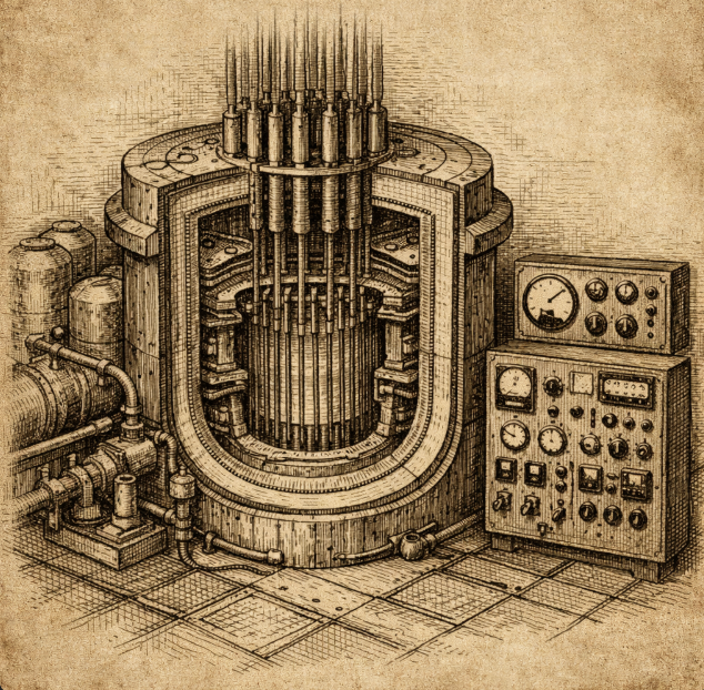 Vintage cutaway-style illustration of an early experimental nuclear reactor core with control rods and shielding, no people or text