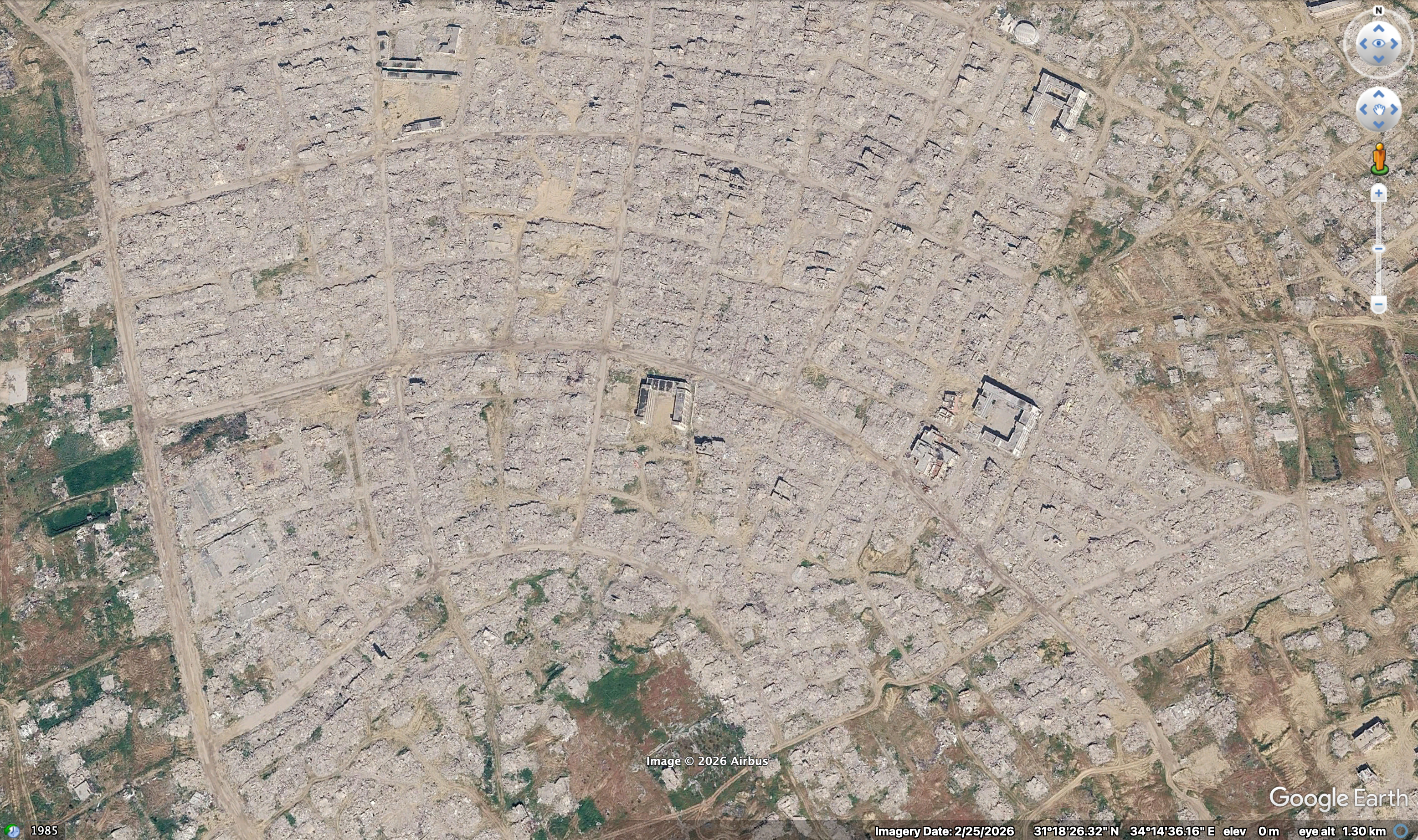 Google Earth Pro view of Tal al-Sultan, Rafah, showing a street grid of destroyed buildings, with the imagery date 25 February 2026 in the status bar