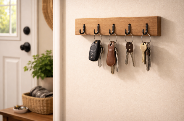 Simple wooden wall-mounted key holder with metal hooks