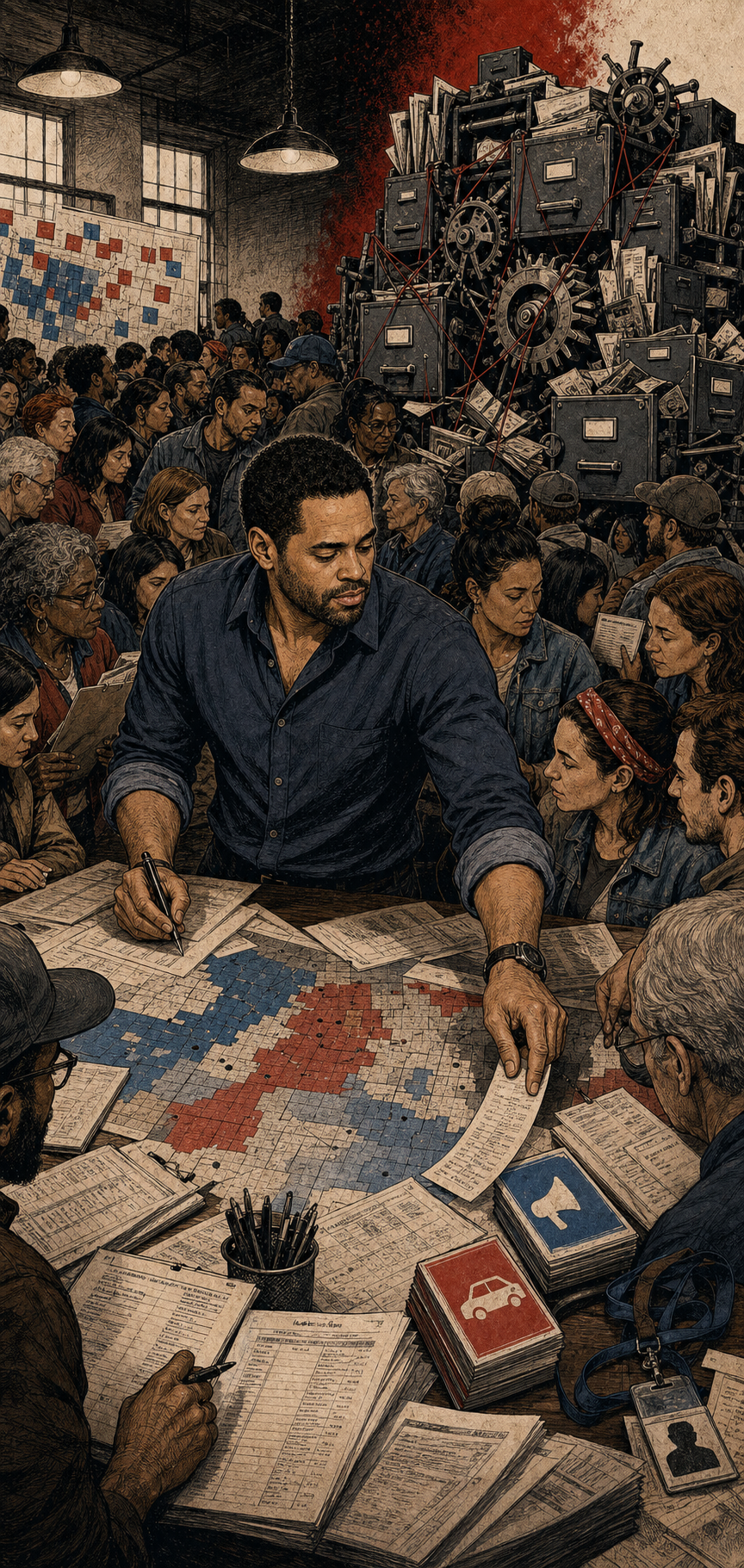 BTP editorial illustration of Michael Starr Hopkins leading a crowded election strategy room while a gerrymander machine jams behind voters, local reporting, ballot cure lists, and turnout plans.