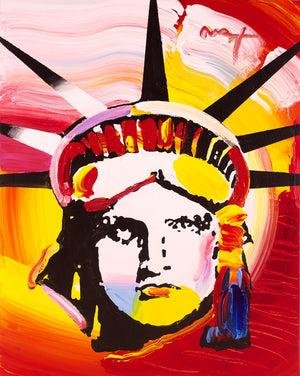 Painting of the Statue of Liberty's face and black spiked crown against swirling red, orange, yellow and pink brushstrokes