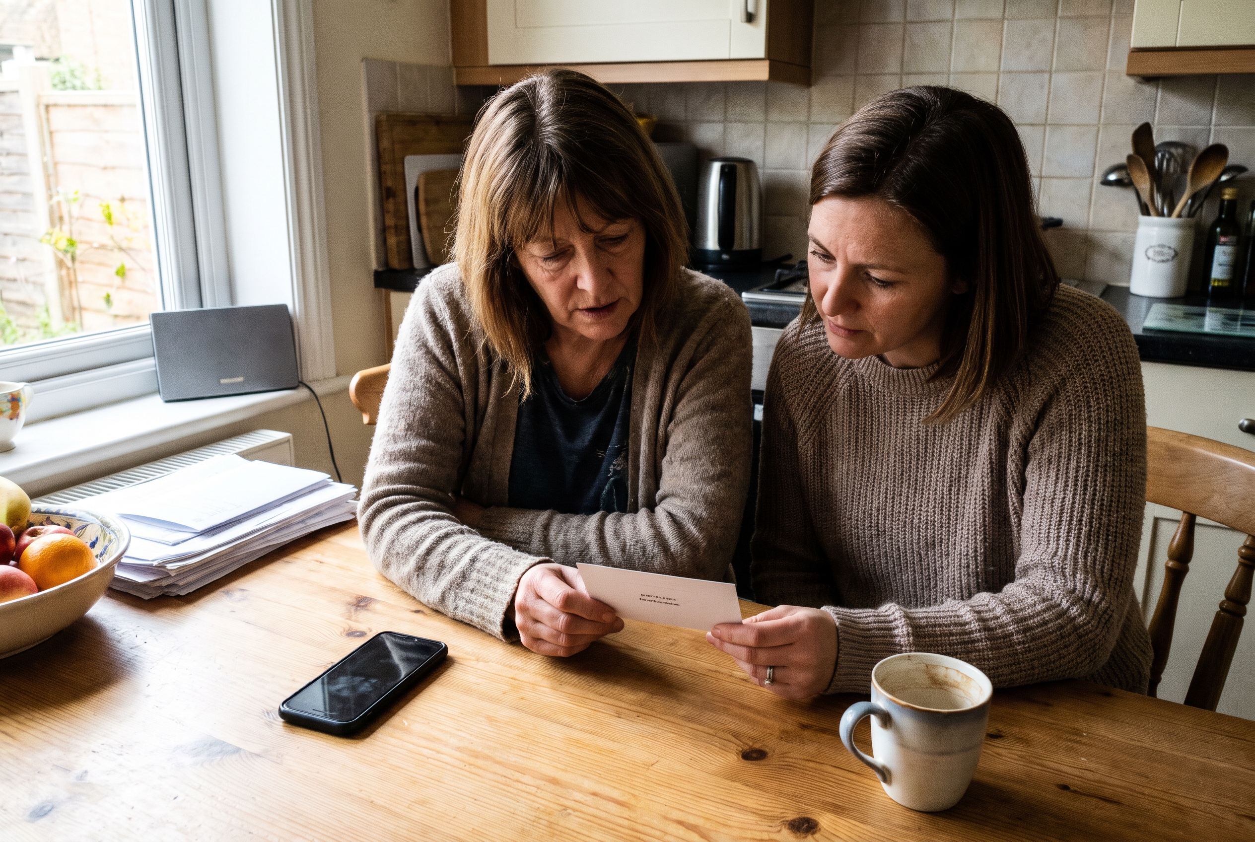 Two women review an emergency response card at a kitchen table.