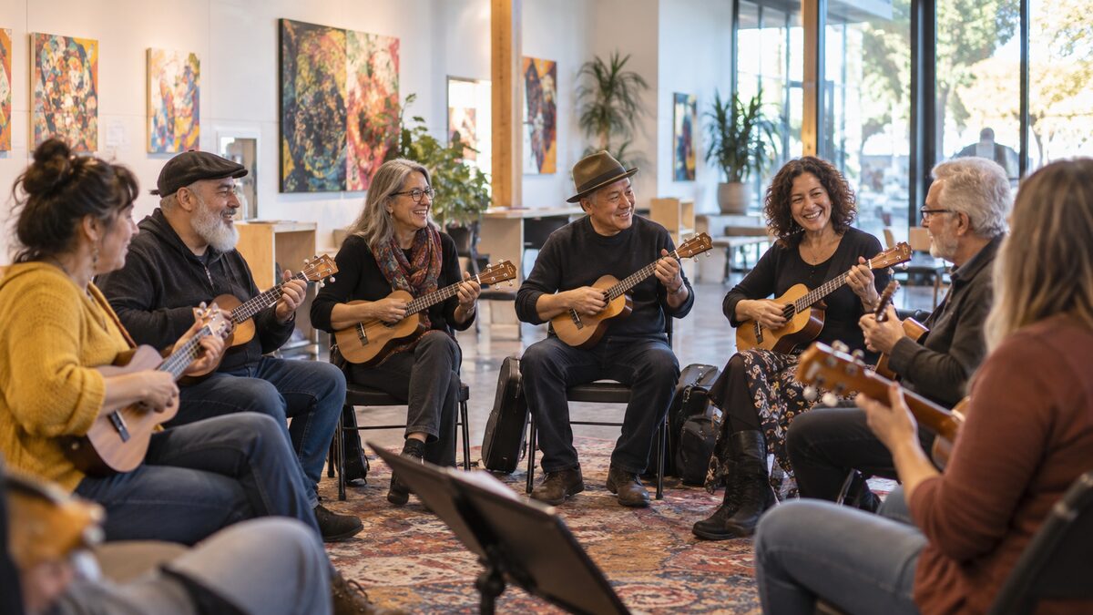 Photorealistic editorial illustration of the Delta Ukulele Circle playing together in North Delta