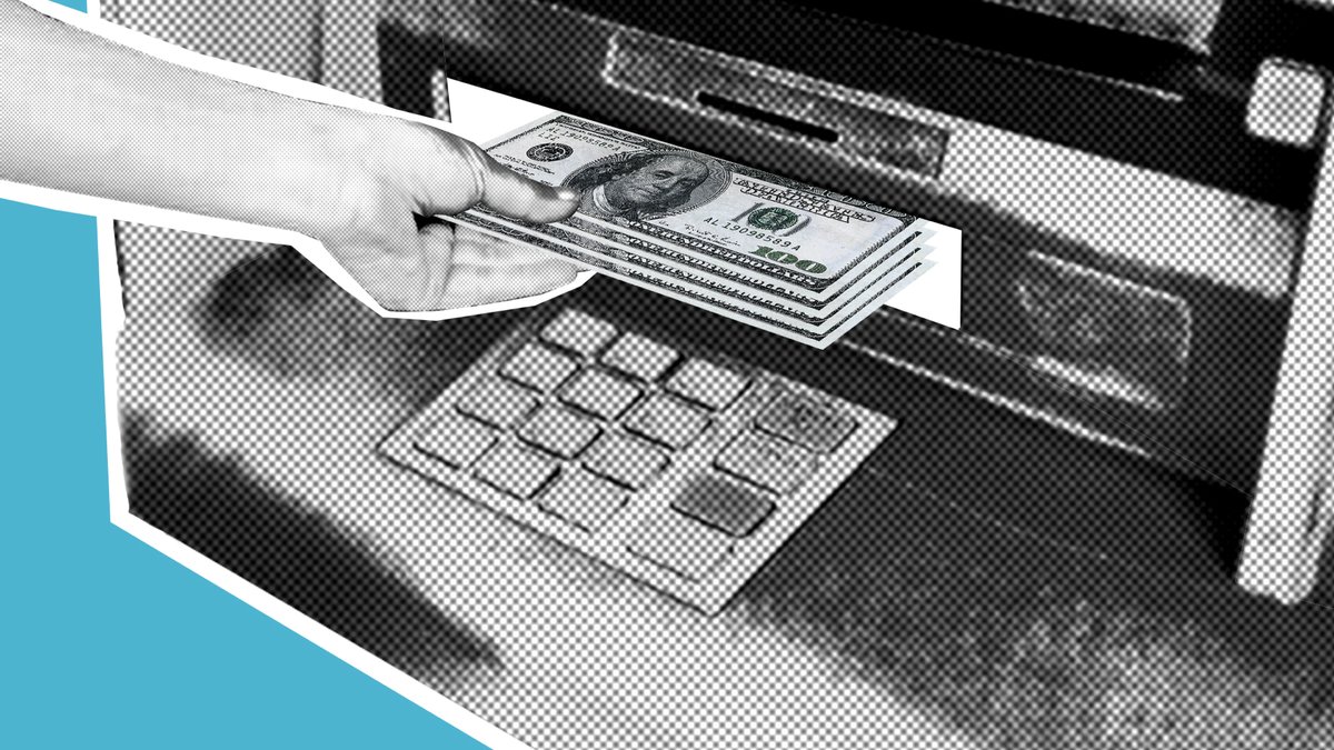 A collage of a hand taking a stack of hundred dollar bills from a cash machine