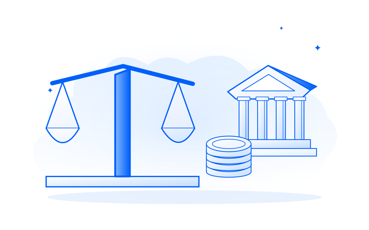 A balance, Treasury-style building and coins illustrate the price of capital.