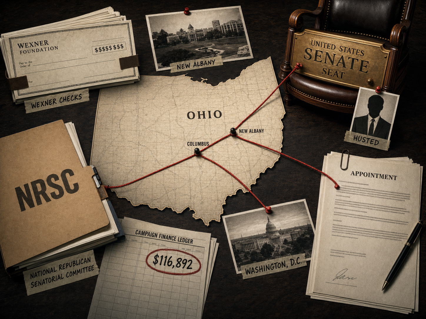 Editorial illustration of an Ohio political map connecting Wexner checks, NRSC money, an appointment document, and a Senate seat.