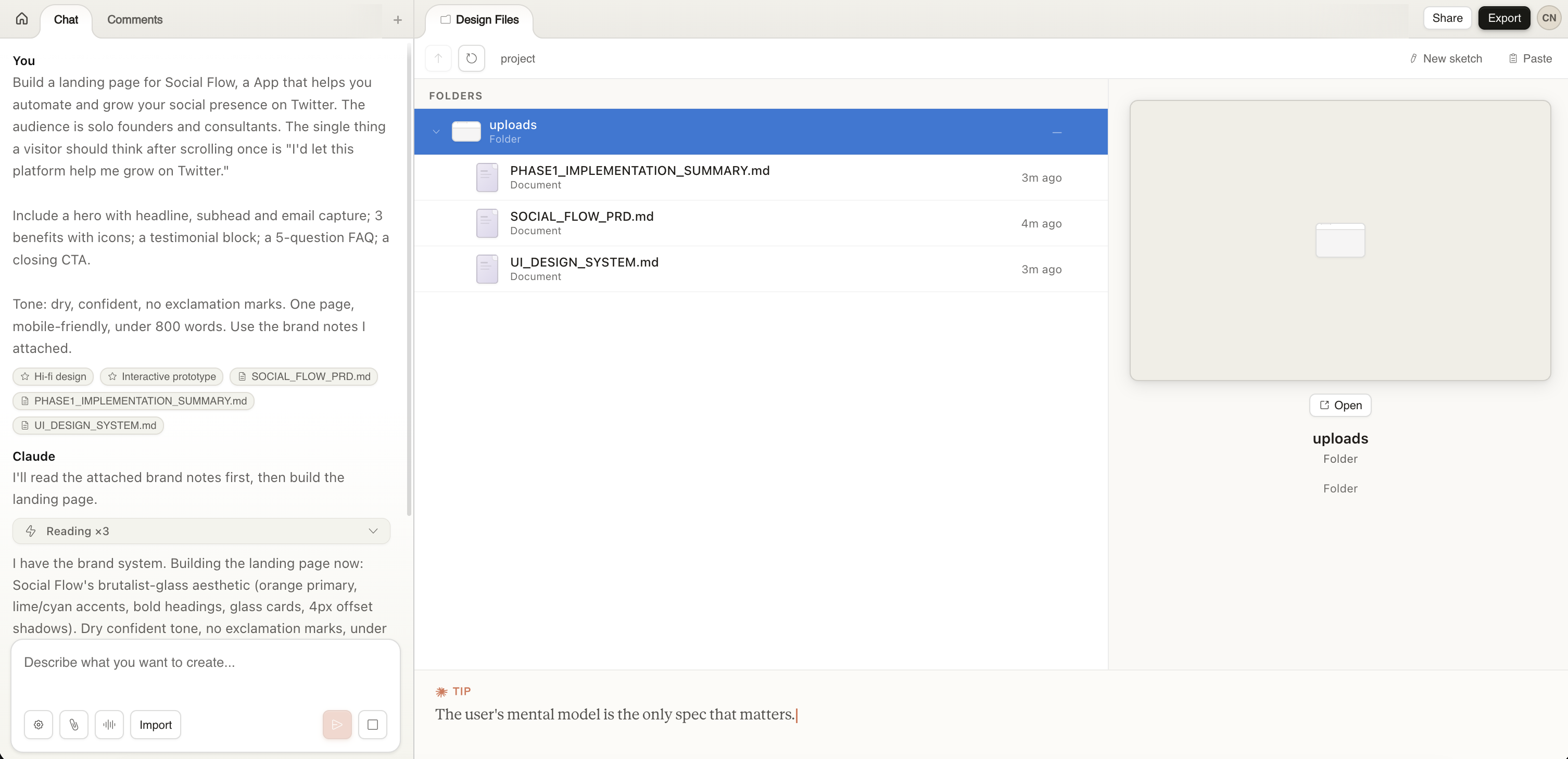A screenshot and a brand notes file being dragged into the Claude Design chat pane