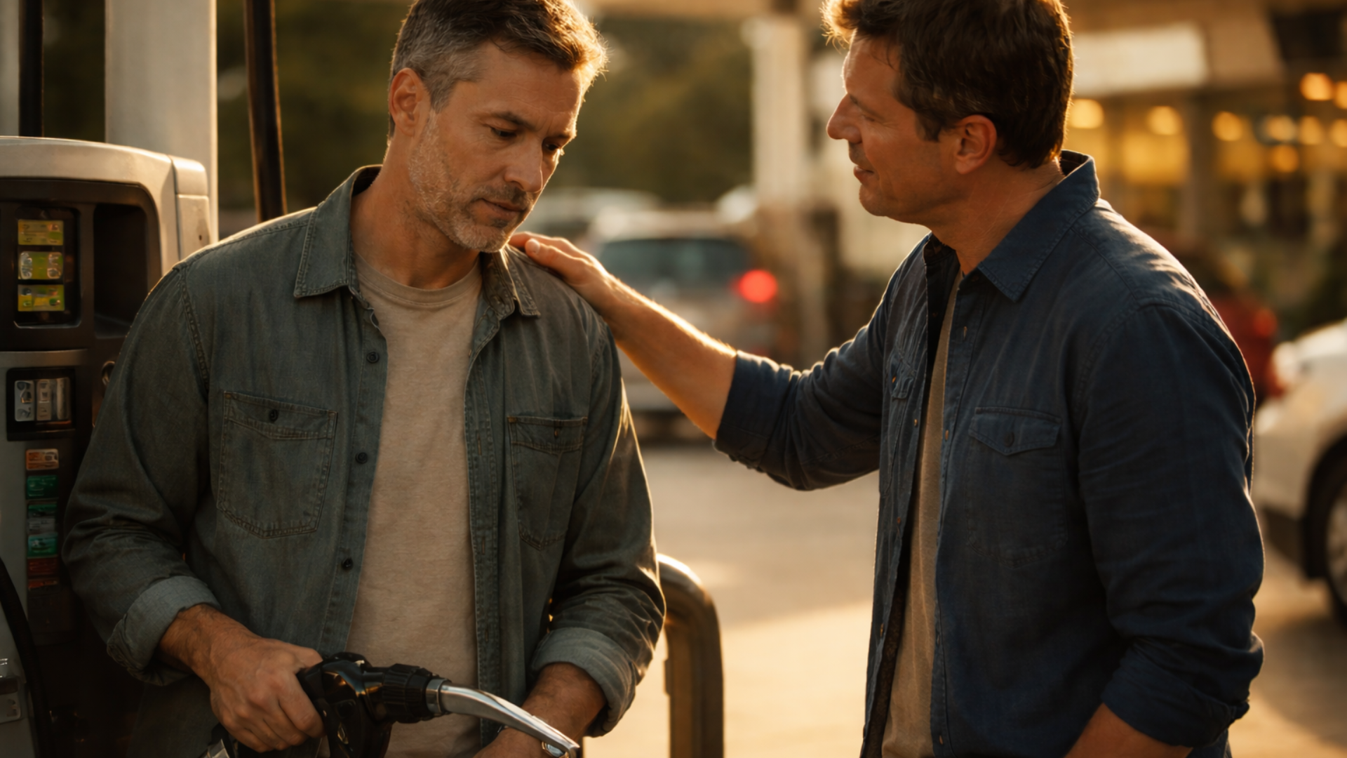 Two men having a quiet, serious conversation at a gas station