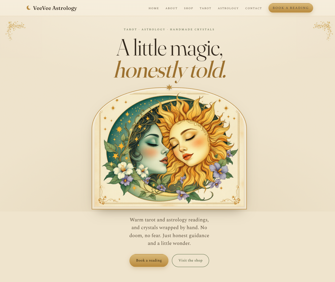 The final homepage: gilded vintage-tarot artwork on warm aged-paper, sage and gold, a real brand.