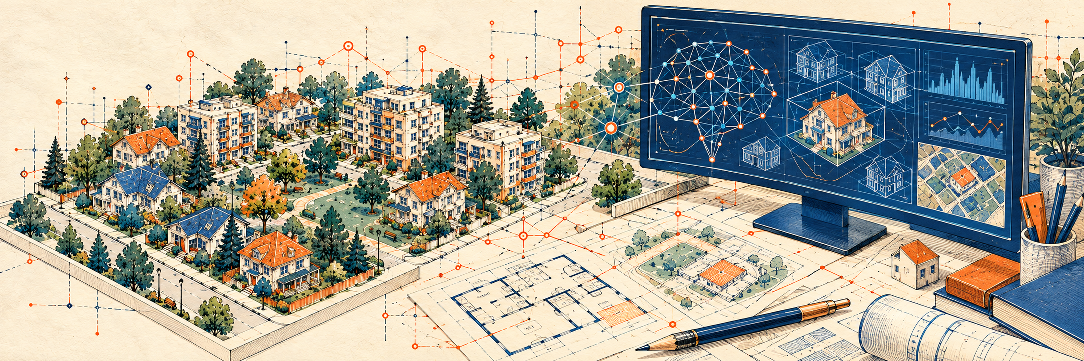Architectural ink illustration of a neighborhood beside a computer showing property models and connected data.