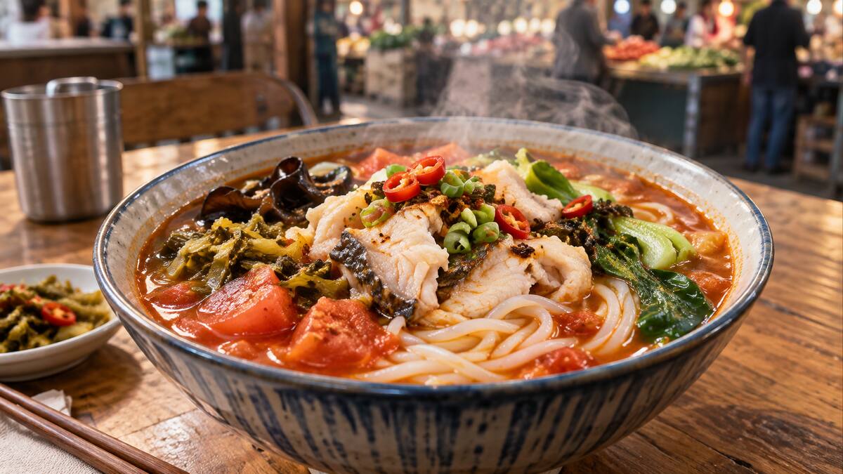 Chinese rice noodles with fish greens tomato and pickled vegetables in Richmond British Columbia