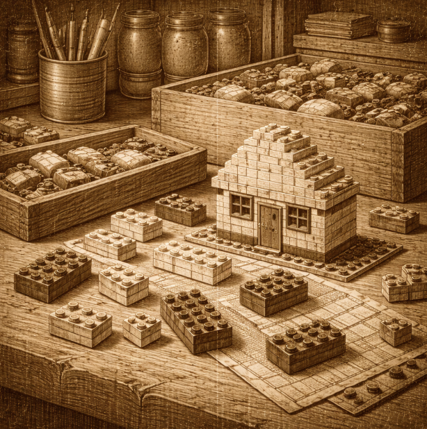 Vintage-style illustration of early LEGO bricks and a simple wooden toy workshop table, no text, no people