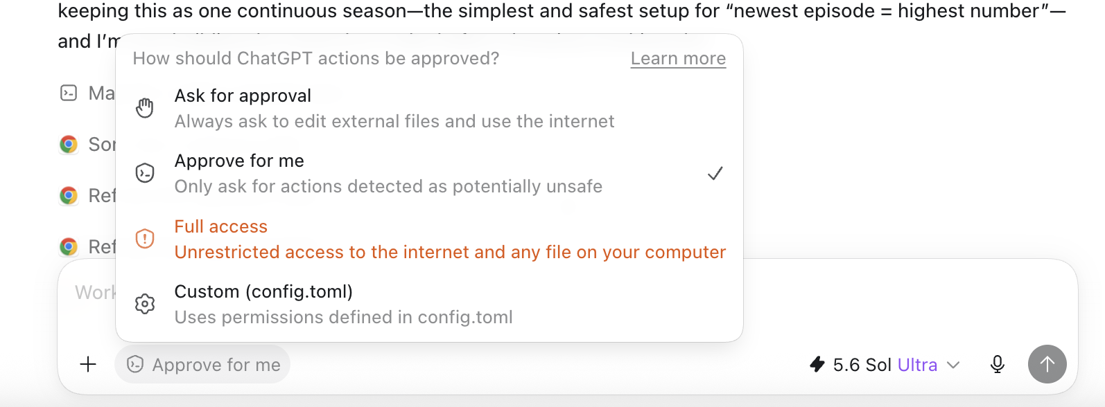 Approval controls at the bottom of the ChatGPT window