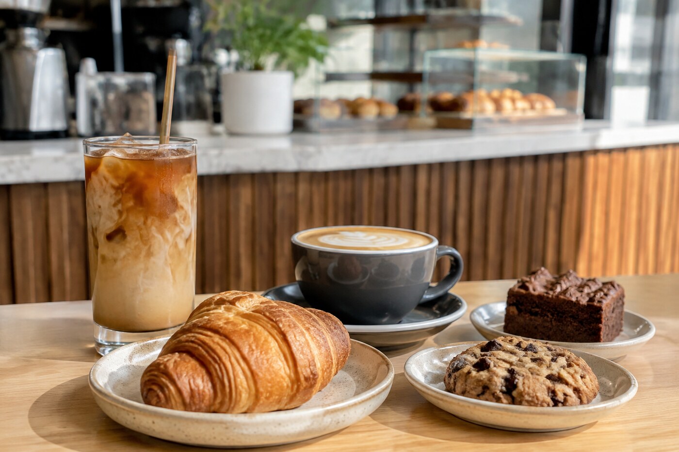 Iced coffee and a slice of chocolate cake on a café table