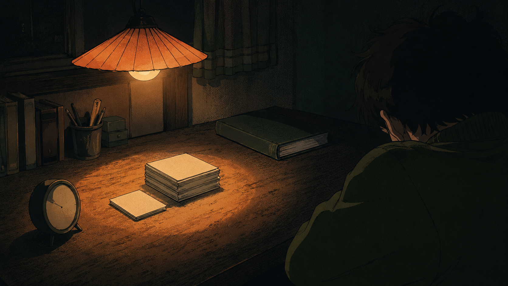 A vintage Showa-era anime night-desk scene: a single hanging lamp casts one small, receding pool of warm apricot light on a dark wooden desk while most of the surface falls into cool shadow. In the lit center sits a neat, fully worked-through stack of review flashcards; just past the edge of the light, half in shadow, rests a closed book that never got its turn. A small worn desk clock on the corner marks that the one good hour is nearly gone — the attention budget, drawn as warm light running out, spent on the easy pile instead of the reading that mattered.