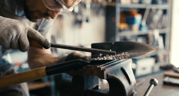 Hands using a metal file to sharpen a shovel edge safely