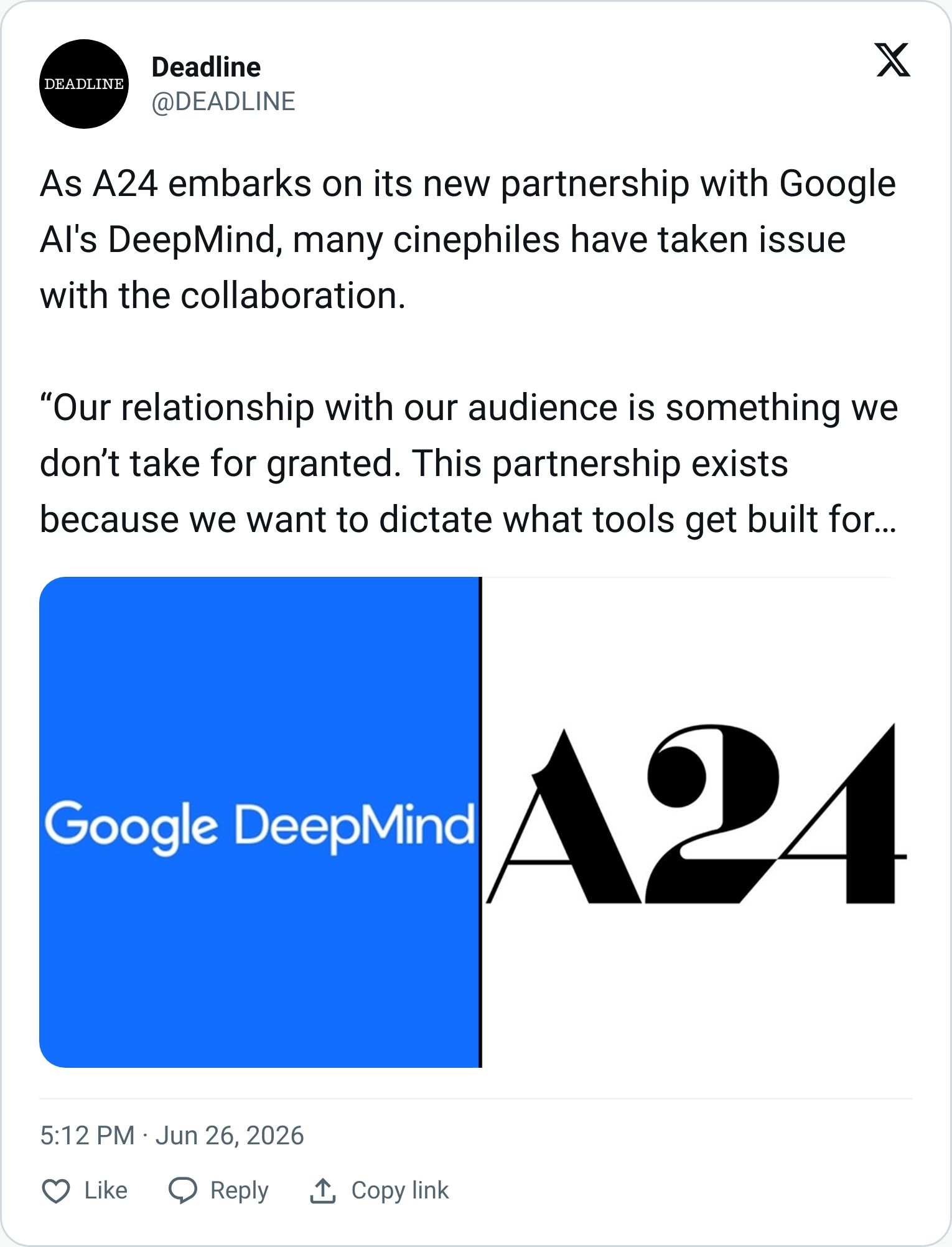 Deadline tweet about the A24 and Google DeepMind partnership