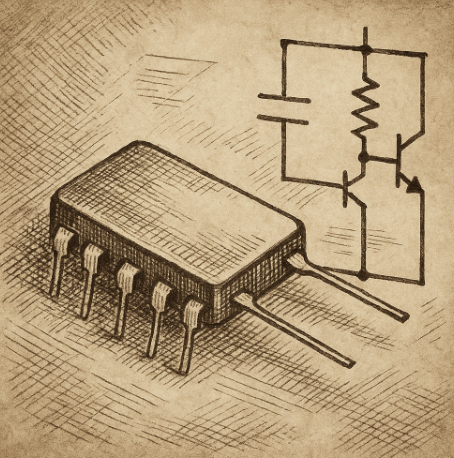 Sepia sketch of early integrated circuit diagram