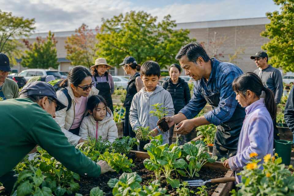 Families planting fall greens and herbs during a free food garden workshop at Lansdowne Centre in Richmond BC