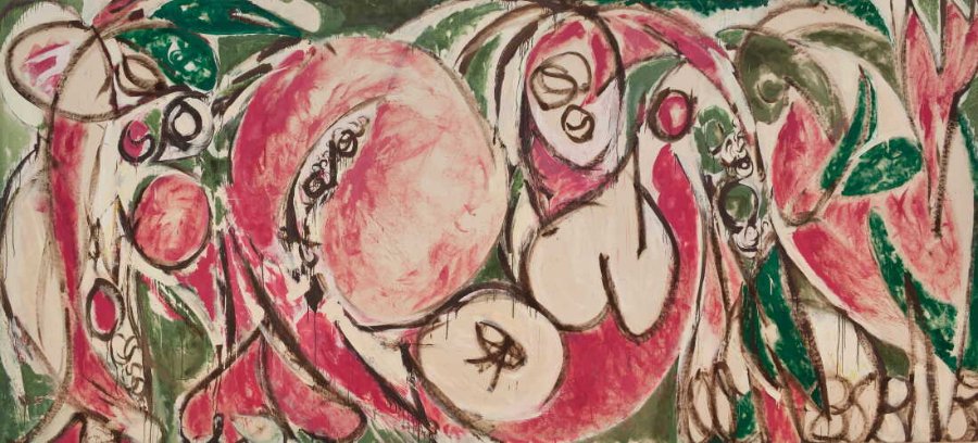 Wide painting of rounded, sprawling forms with eyes and leaf shapes in pink, red, green and cream, outlined with loose dark brown lines