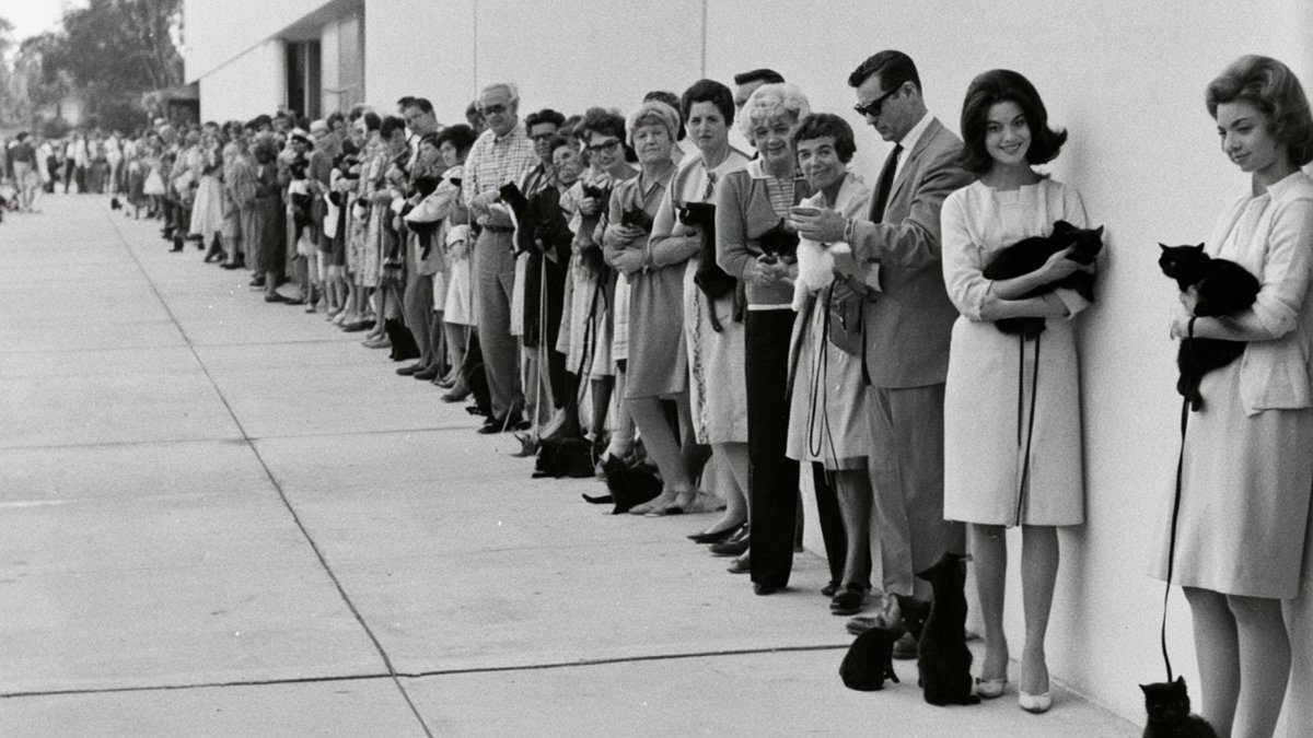 Vintage black and white photo of people lined up along a wall holding black cats