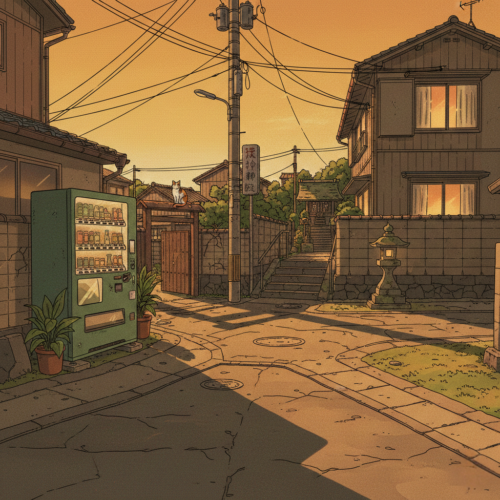 Vintage anime crossroads — four paths branching at golden hour
