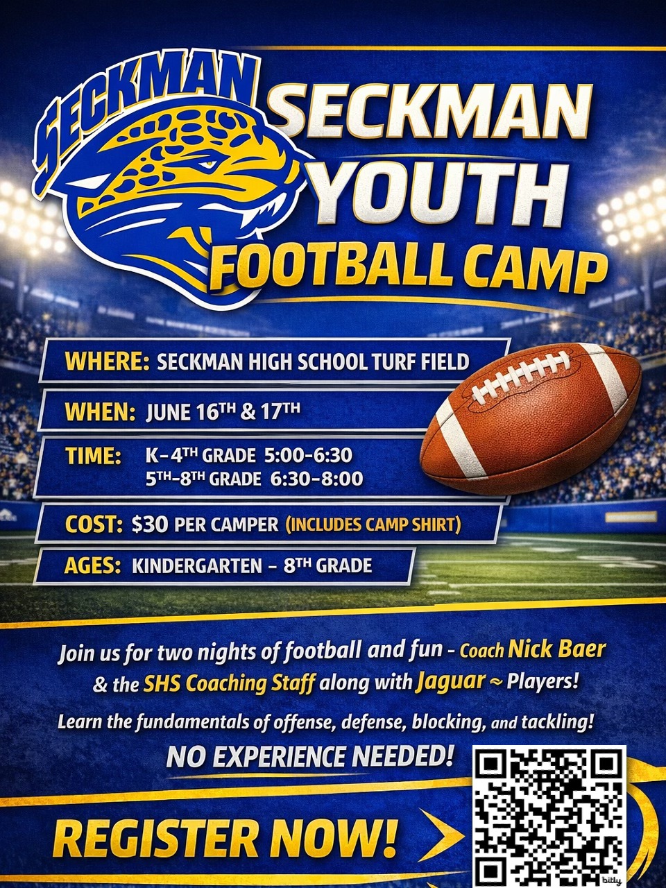Seckman Youth Football Camp June 15th and 16th