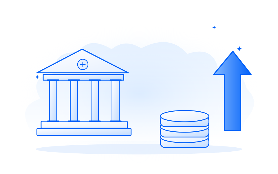 A bank, coins and an upward arrow symbolize the cost of capital.