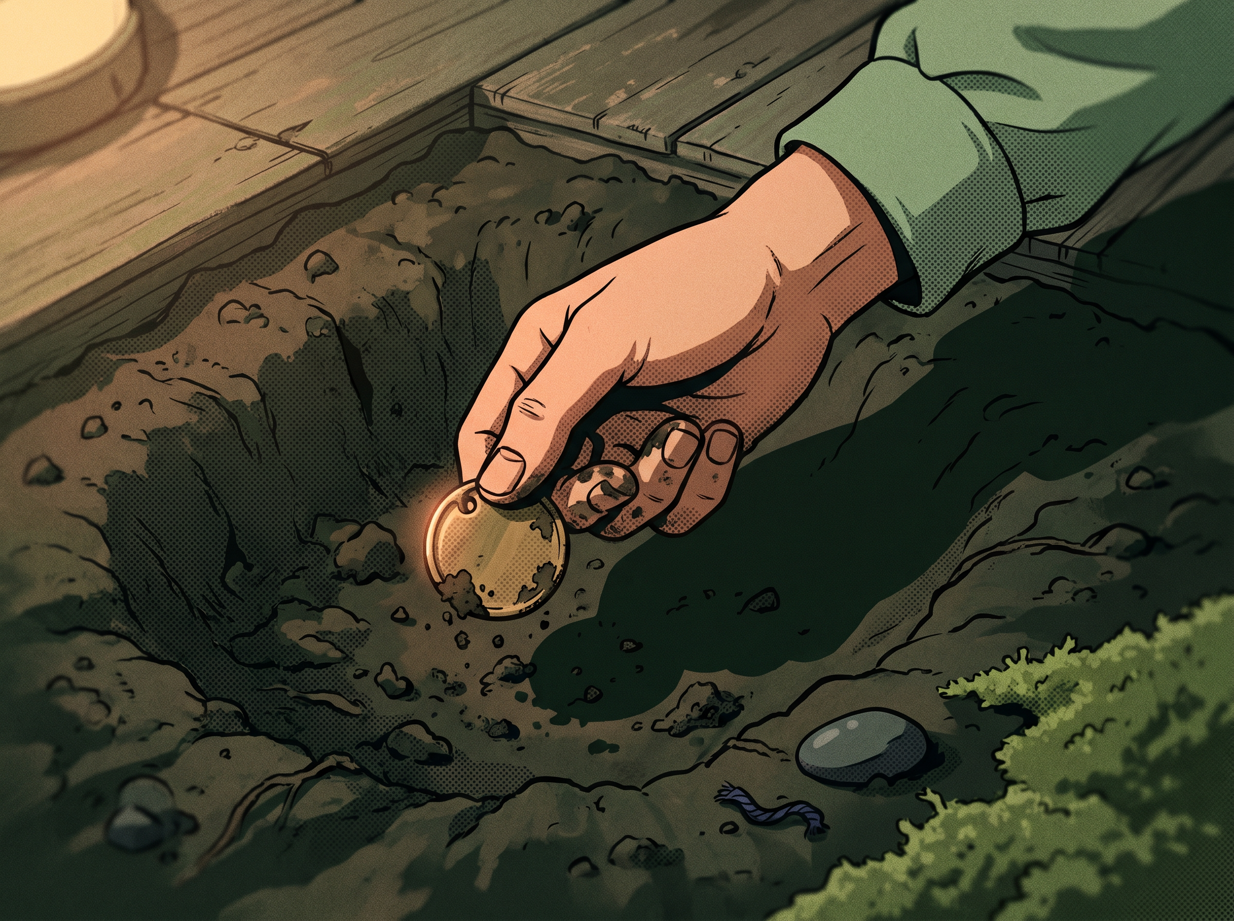 An overhead intimate close-up of a hand emerging from dark loamy earth holding a worn brass tag catching lamplight — the kanji 掘 rendered visually, the moment of finding 掘り出し物 (a worthwhile dig).