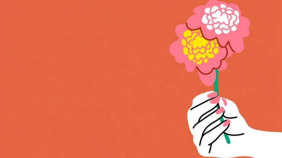 Illustration of a hand holding pink flowers