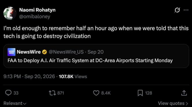 Naomi Rohatyn’s September 20, 2026 post reacts to a NewsWire headline claiming an AI air traffic system deployment at DC-area airports.