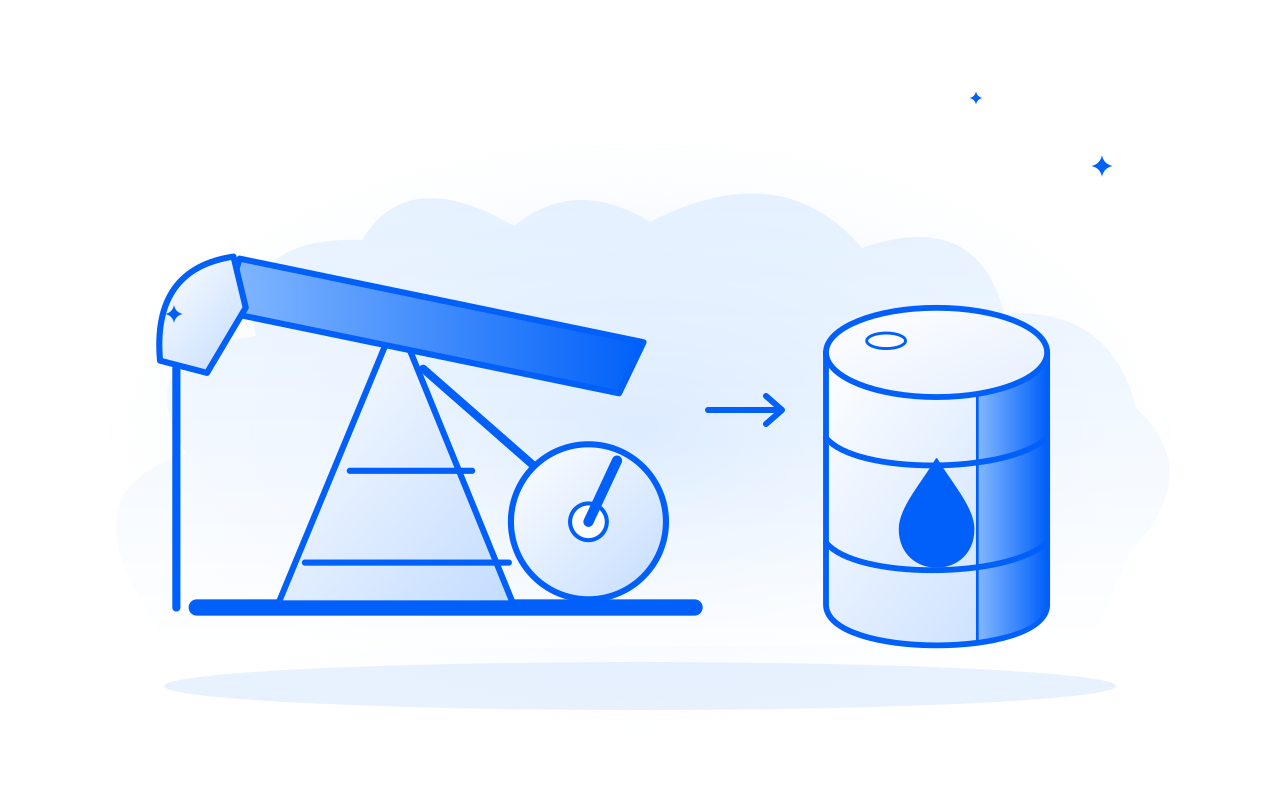 Blue pumpjack and oil barrel, connected to the wider market.