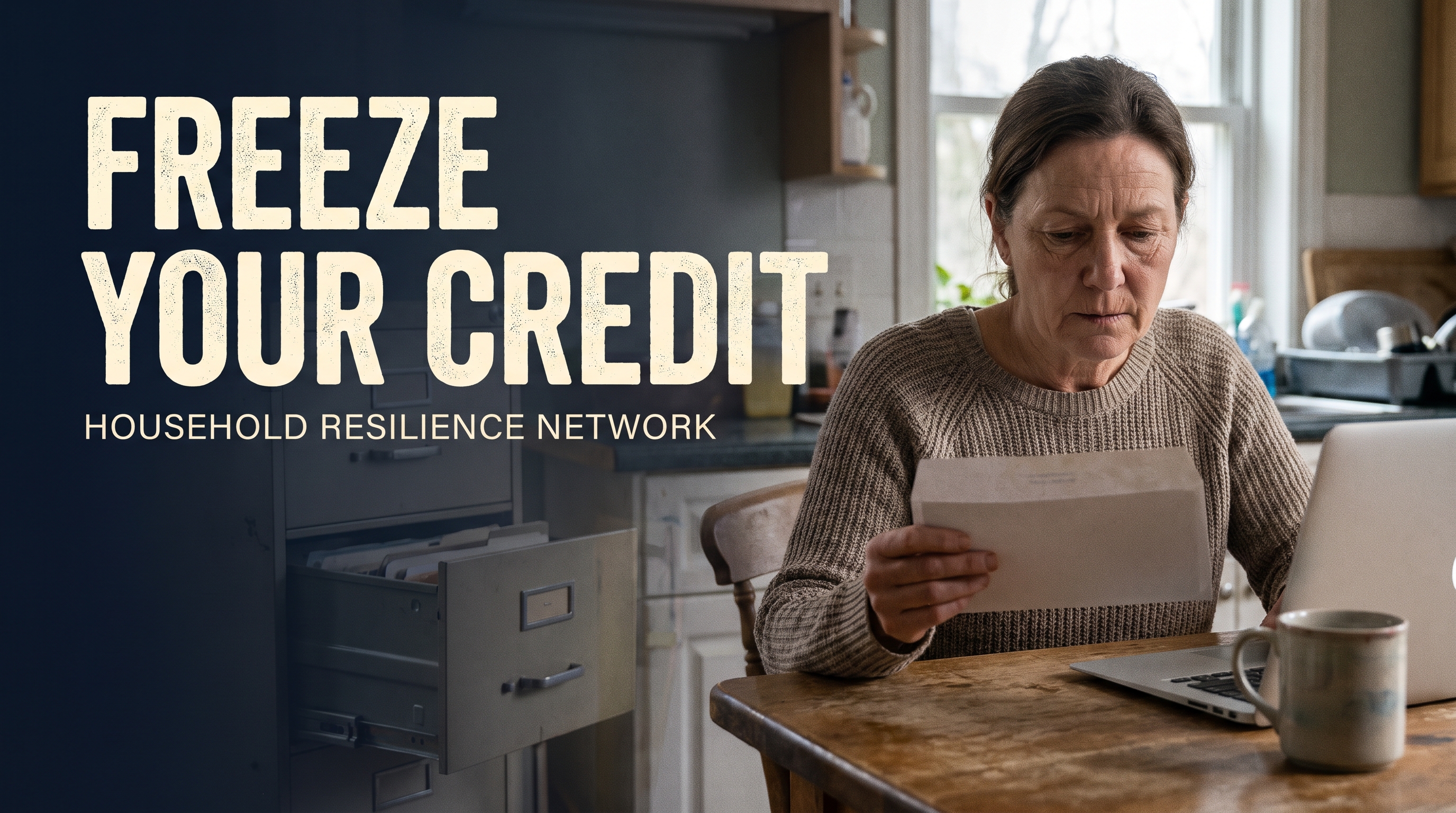Illustrative documentary poster: a woman reviews unfamiliar credit mail at her kitchen table.