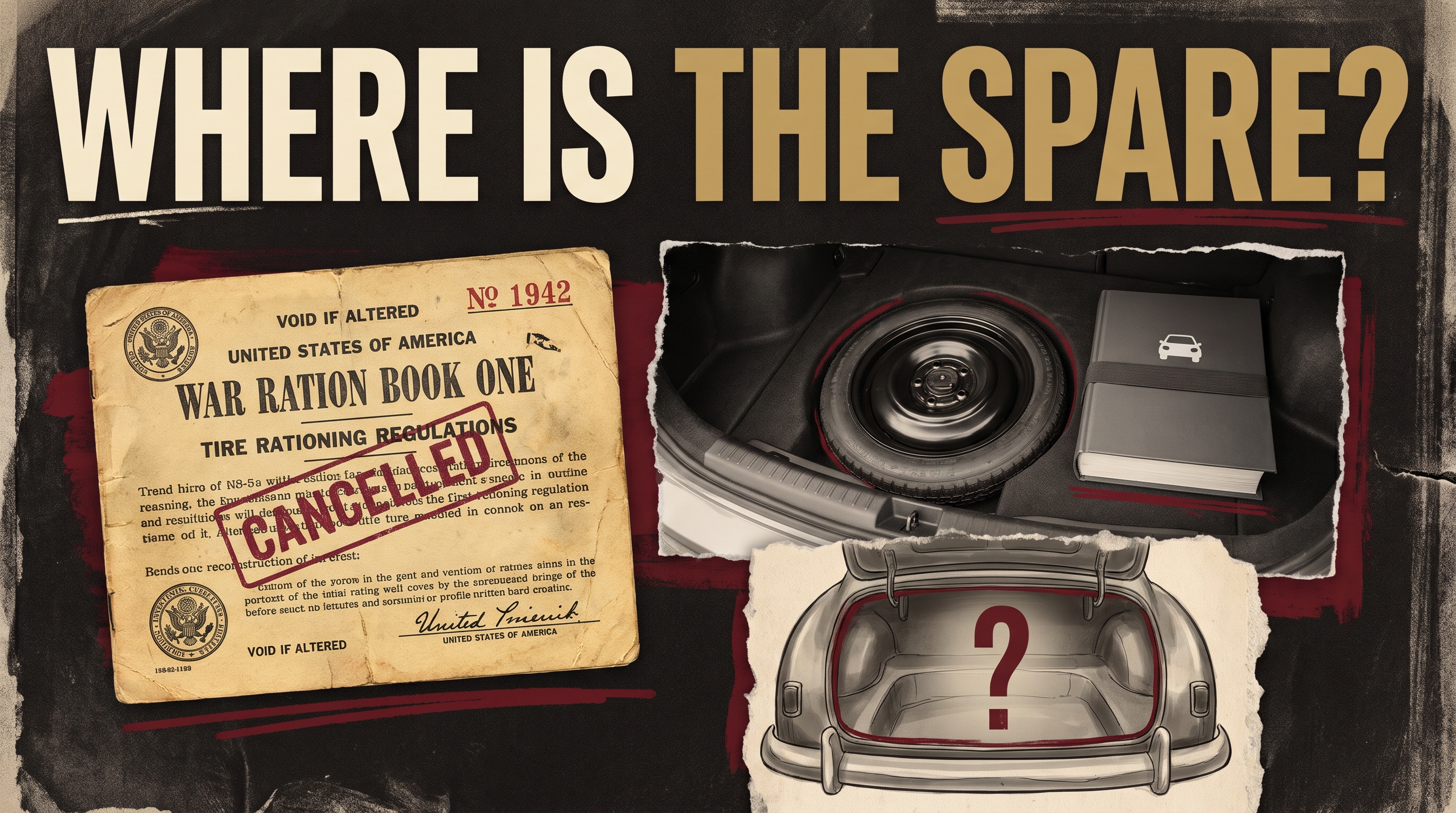 Illustrative documentary collage: 1942 wartime tire ration card, modern car trunk with compact spare tire and owner manual, no roadside danger or people under car.
