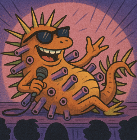 A quirky cartoon of a spiky, tube-covered ancient sea creature lounging like a rock star.