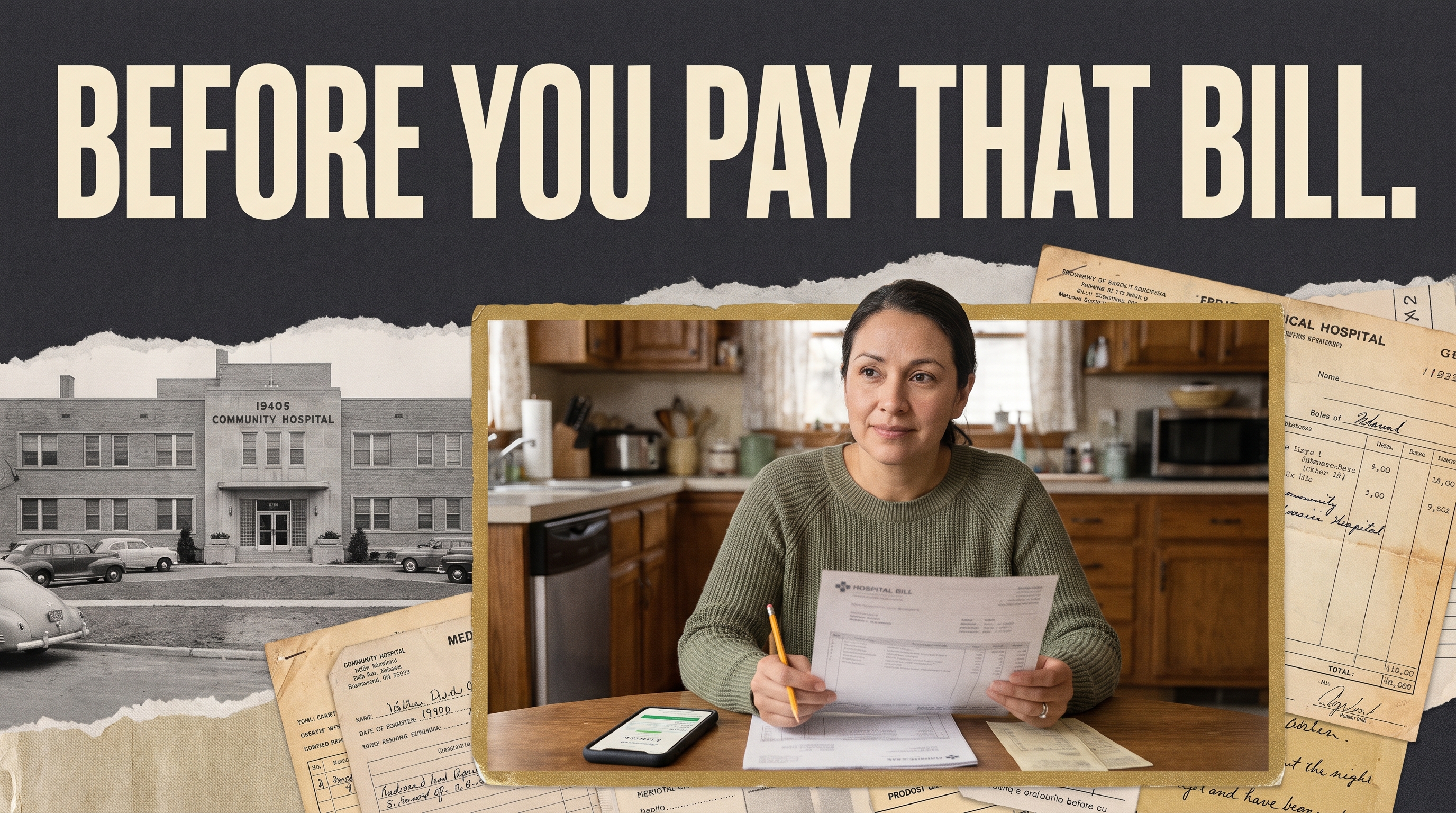 Illustrative documentary collage: Woman about 60 calmly reviewing a generic hospital bill at home, faded 1940s community hospital facade and paperwork behind, pencil and phone in foreground, not despair.