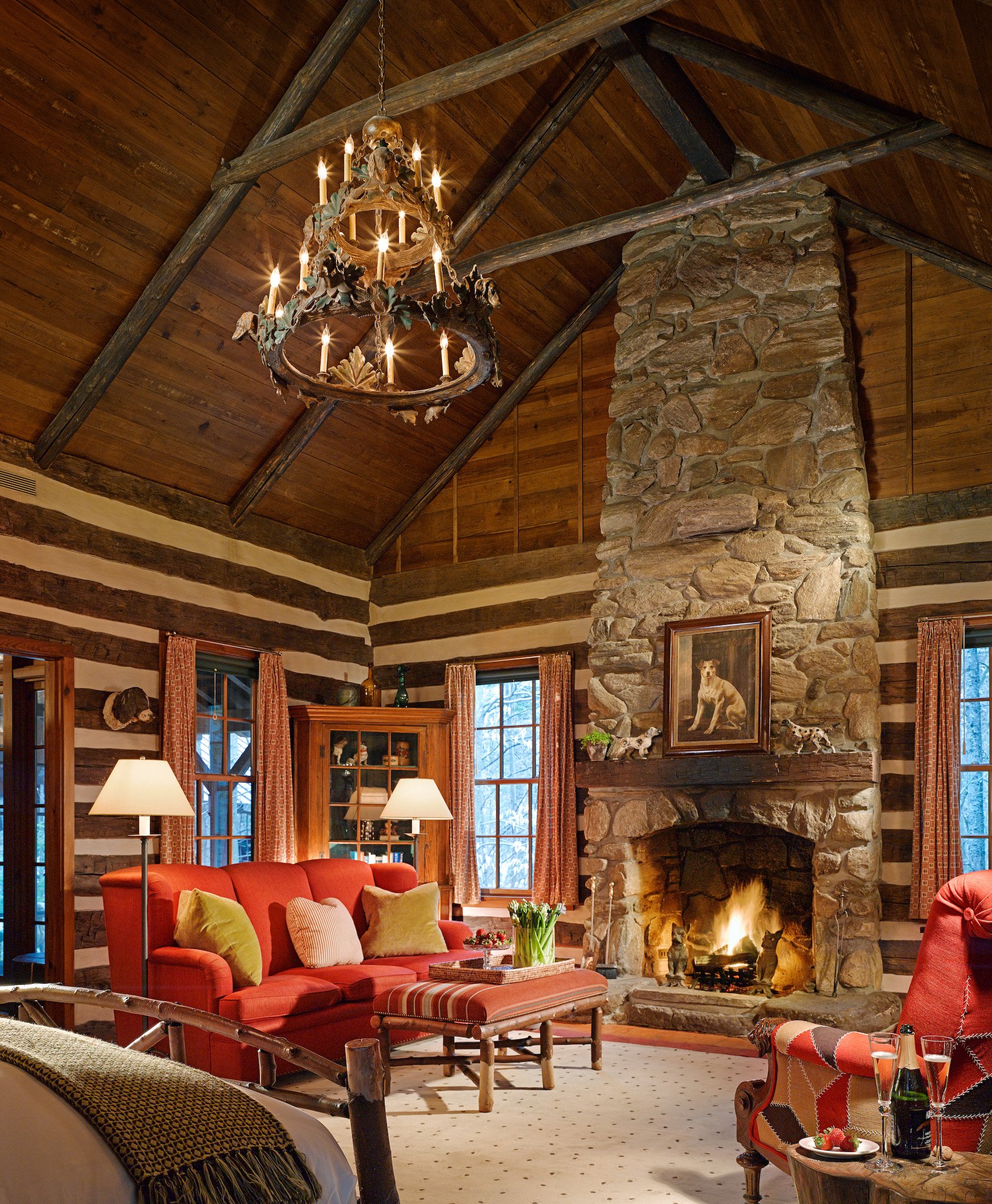Vaulted lounge and fireplace at Twin Farms