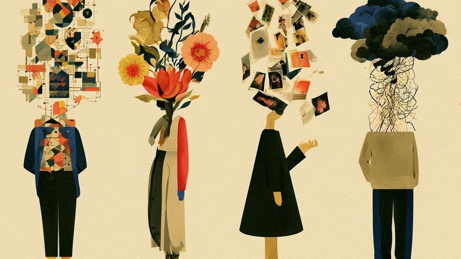 Colourful illustration of thought bubbles and a human silhouette