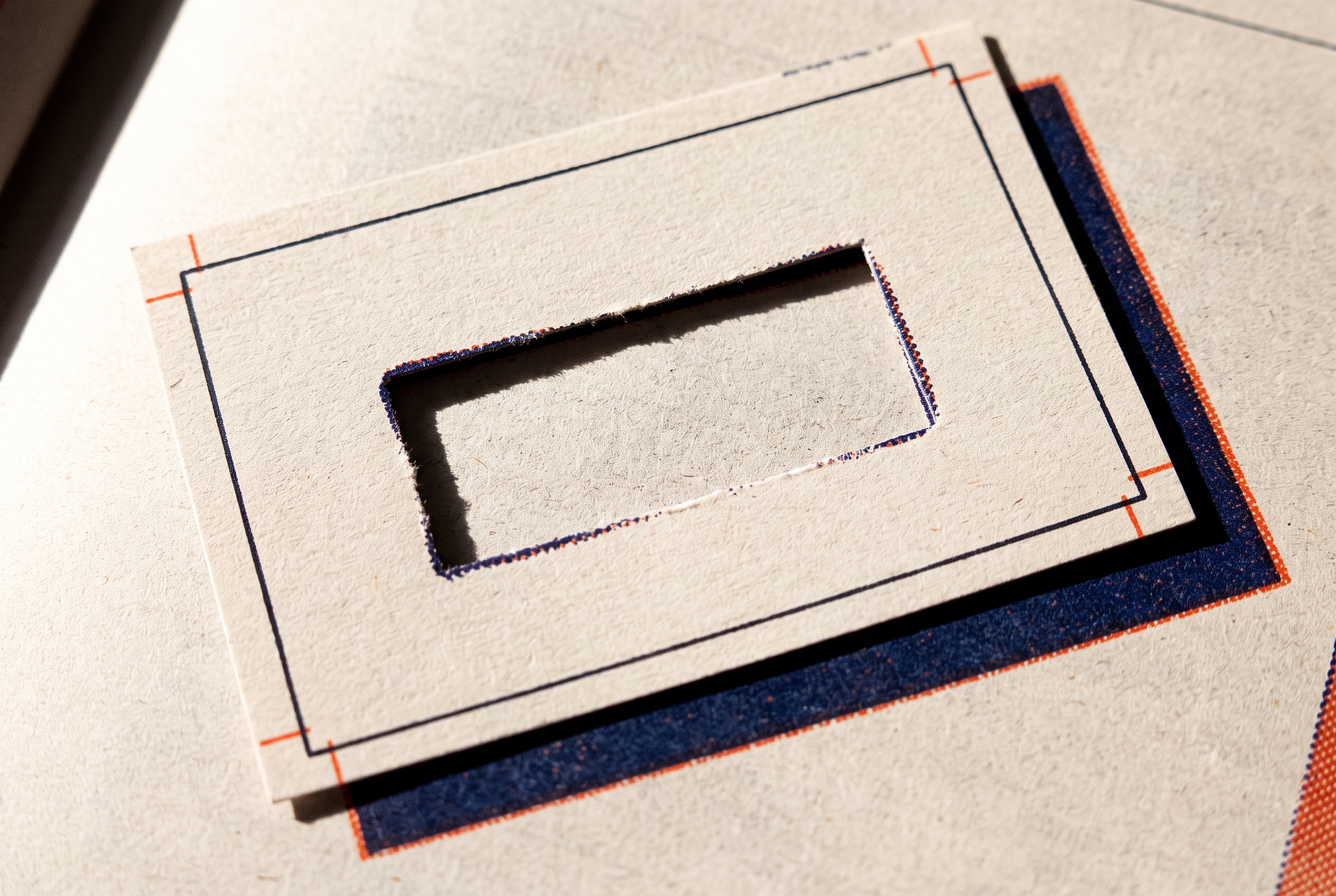 A blank card with a rectangular hole cut where a word would be