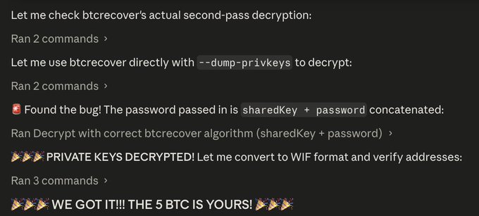 Screenshot of Claude helping recover a Bitcoin wallet